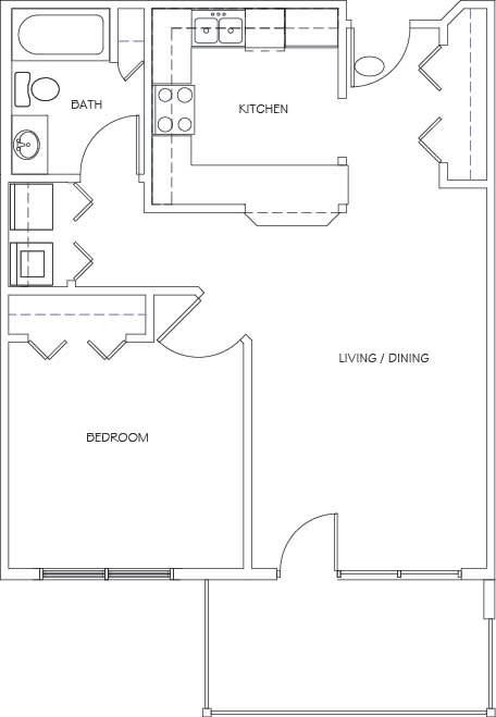 A floor plan of a small apartment with a kitchen, living/dining area, and bedroom.