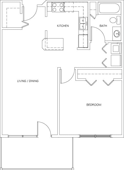 A floor plan of a house with a kitchen, living/dining area, and bedroom.