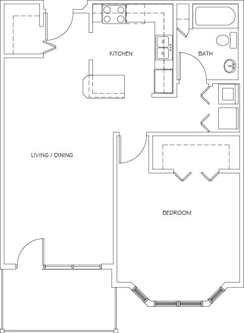 A floor plan of a house with a kitchen, bathroom, living/dining area, and bedroom.