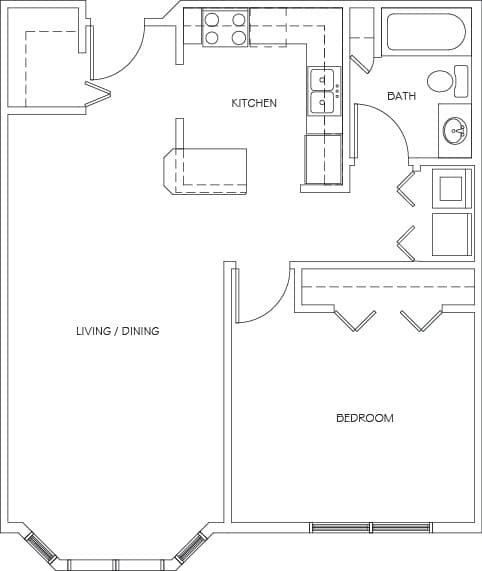 A floor plan of a small apartment with a kitchen, living/dining area, and bedroom.