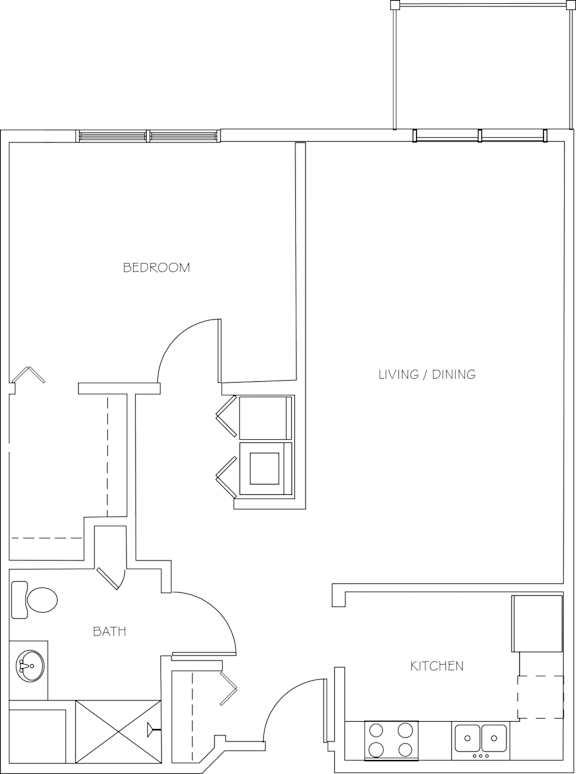 A floor plan of a small apartment with a bedroom, living/dining area, kitchen, and bathroom.