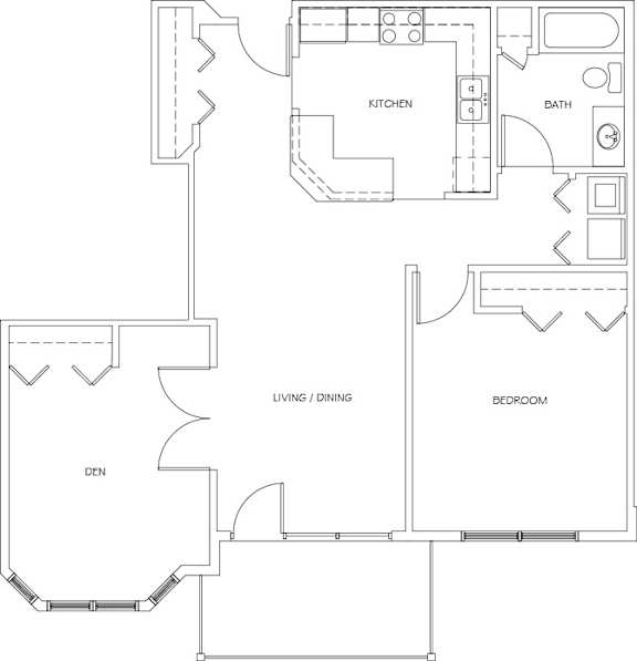 A floor plan of a house with a kitchen, living/dining area, bedroom, and den.