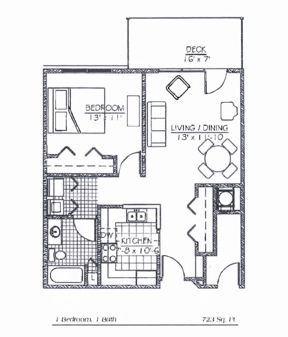 A floor plan of a small apartment with a bedroom, living room, and kitchen.