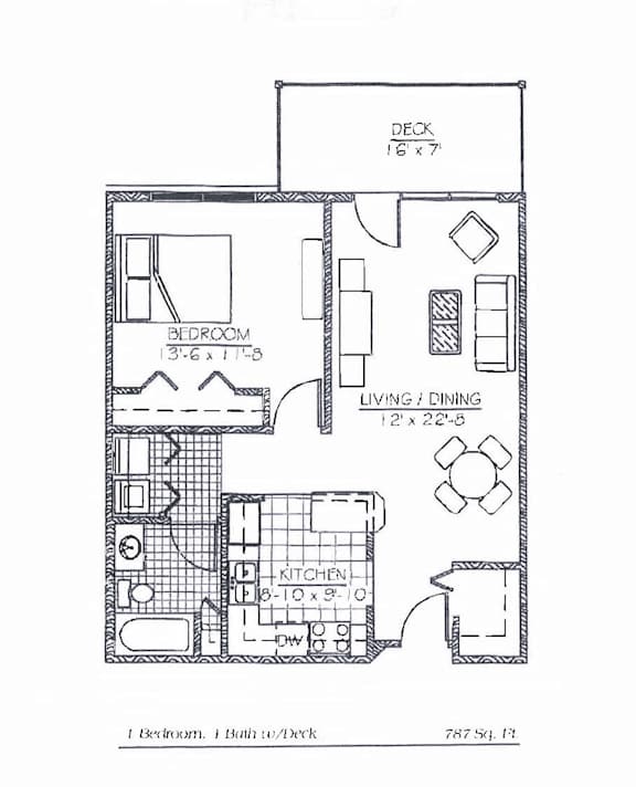 A floor plan of a small apartment with a bedroom, living room, and kitchen.