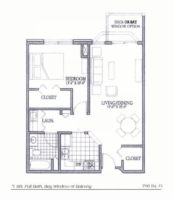 A floor plan of a 790 square foot home with a deck or bay window option.