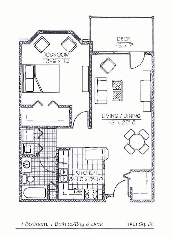 A black and white image of a floor plan for a 803 square feet home with one bedroom, one bath, deck, living/dining area, and kitchen.