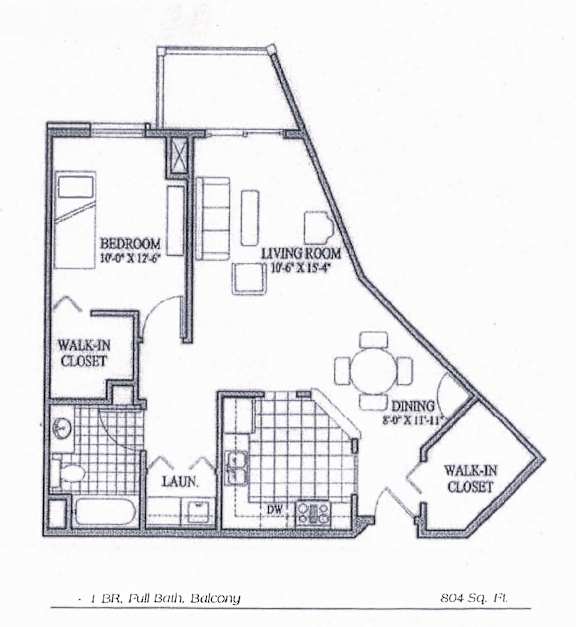 A floor plan of a 1 bedroom, full bath house in Balcony at 804 square feet.