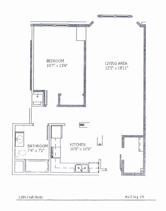 A floor plan of a 1 bedroom, 1 bathroom apartment with a living area.