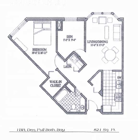 A black and white image of a floor plan for a 1 bedroom, den, full bath house.