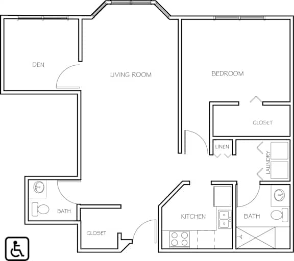 A floor plan of a house with a living room, kitchen, two bathrooms, a den, a bedroom, a closet, and a laundry room.