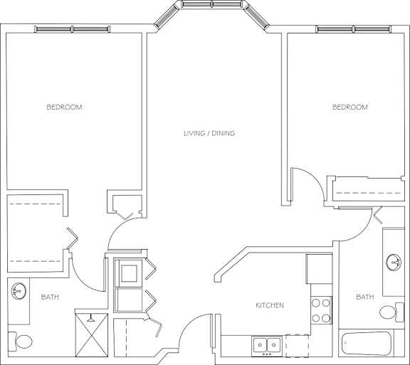A black and white image of a house floor plan with two bedrooms, a living/dining area, a kitchen, and two bathrooms.