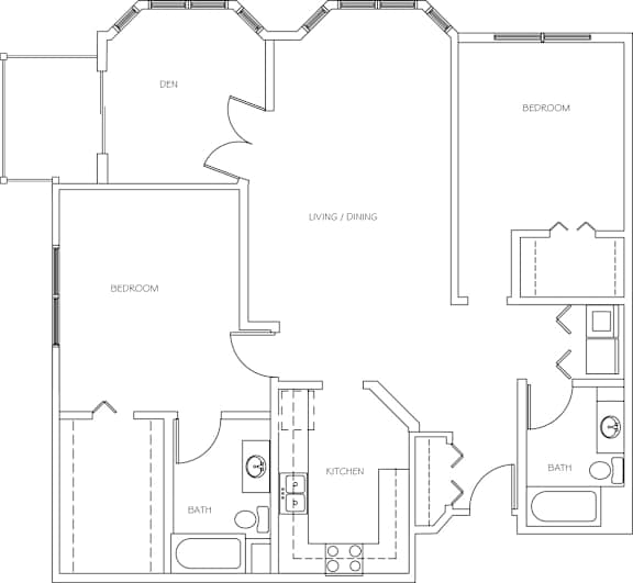 A floor plan of a house with labeled rooms such as bedroom, living/dining, kitchen, and bath.