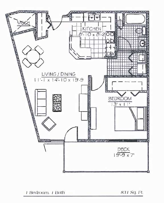 A floor plan of a one bedroom, 1 bath apartment.