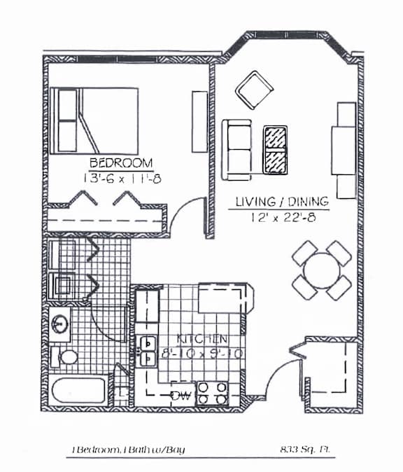 A floor plan of a 1 Bedroom, 1 Bathroom unit with a living and dining area.