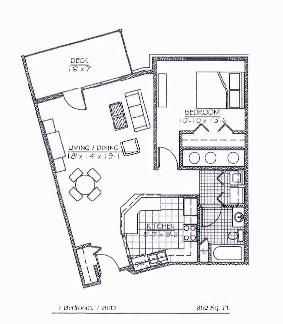 A black and white image of a floor plan for a 1 bedroom, 138th floor apartment with a deck.