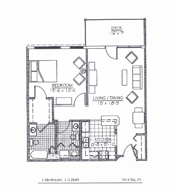 A floor plan of a small apartment with a bedroom, living room, and kitchen.