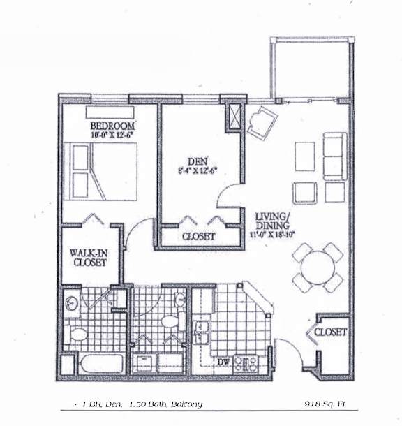 A floor plan of a 1 bedroom, 1.50 bath, balcony apartment measuring 918 square feet.