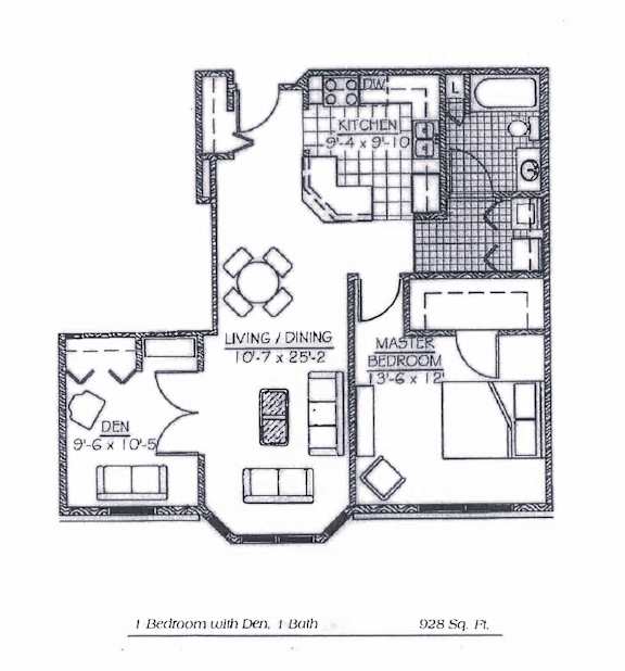 A floor plan of a one bedroom apartment with den, measuring 928 square feet.