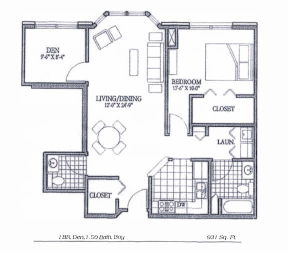 A black and white image of a floor plan for a 931 square foot home.