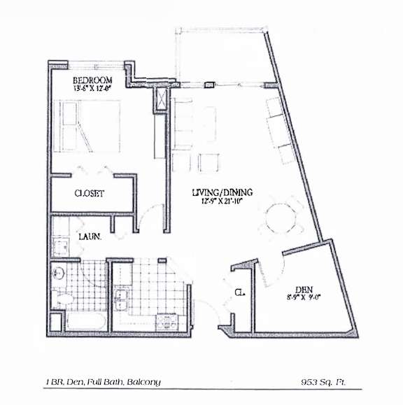 A floor plan of a 1 bedroom, den, full bathroom balcony apartment.