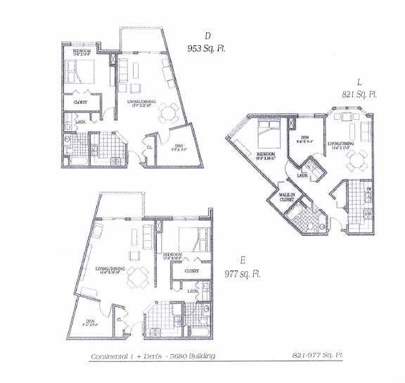 A floor plan of a building with four different layouts labeled D, L, E, and X.