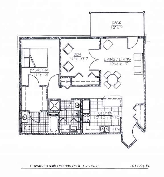 A floor plan of a one bedroom apartment with den and deck.