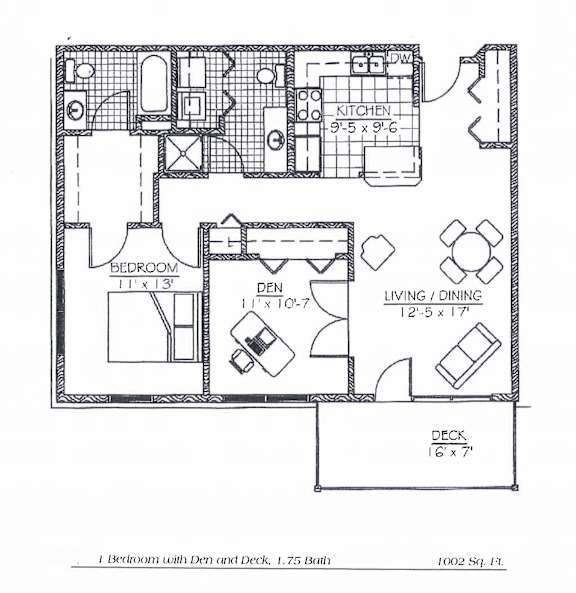 A floor plan of a 1002 square foot 1 bedroom with den and deck.