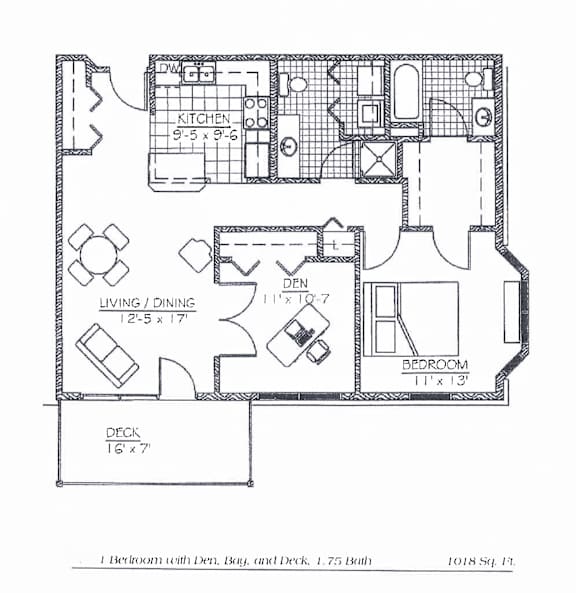 A floor plan of a 1 Bedroom with Den, Bay, and deck measuring 1.75 Bath.