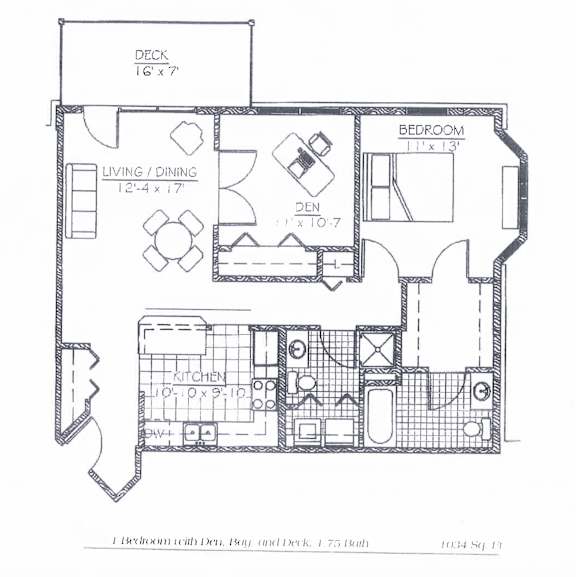 A floor plan of a one bedroom apartment with a den and a deck.