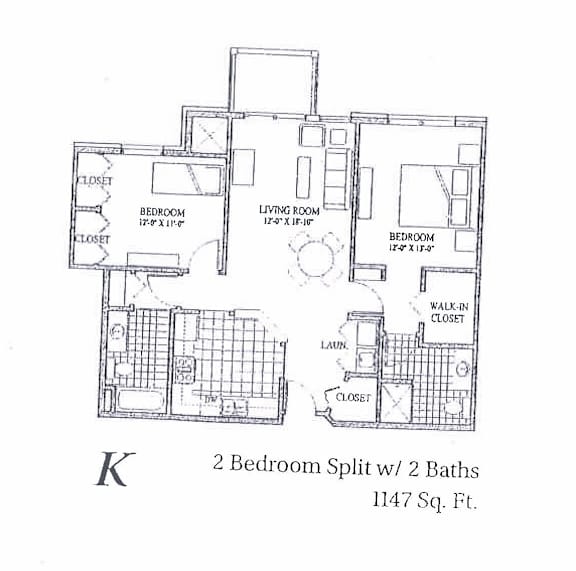 A drawing of a split level home with two bedrooms and two bathrooms.