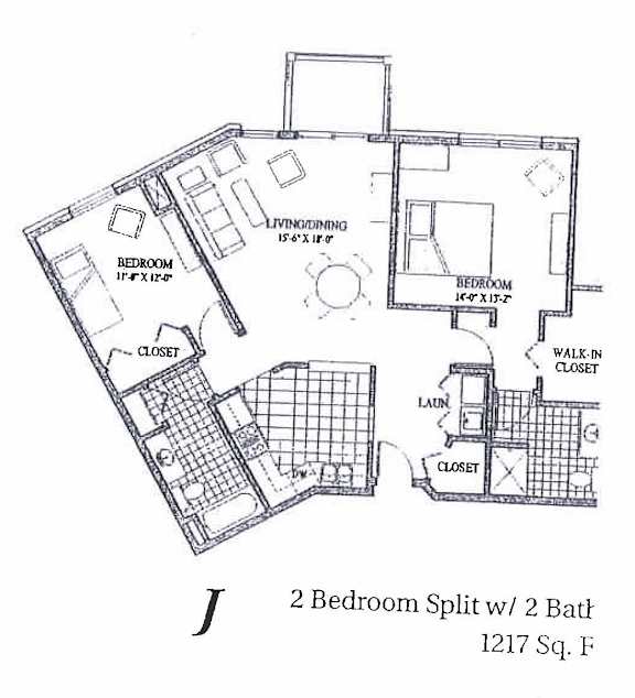 A floor plan of a 2 bedroom apartment with 2 bathrooms.
