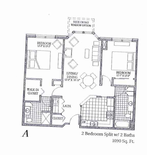 A floor plan of a 2 bedroom split with 2 baths.