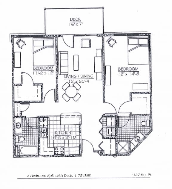A floor plan of a 2 Bedroom Split with Deck, 1,75 Bath.