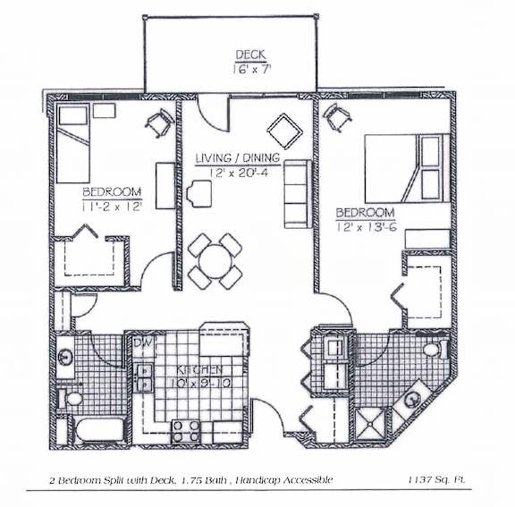 A floor plan of a 1137 square feet home with two bedrooms and a deck.