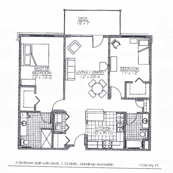 A floor plan of a two bedroom apartment with a deck.