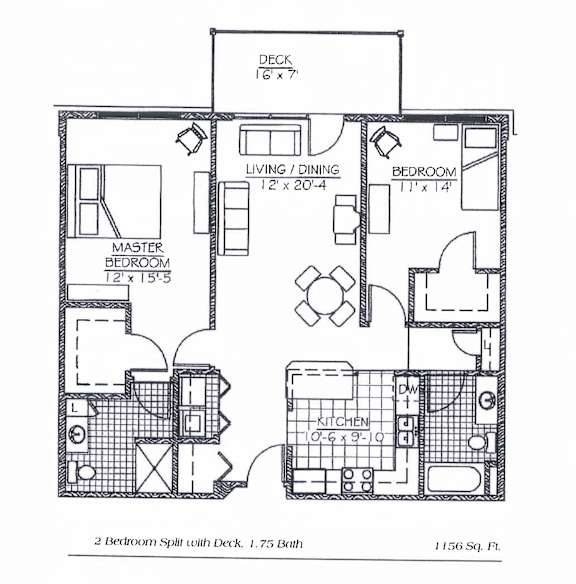 A floor plan of a 2 bedroom split with a deck.