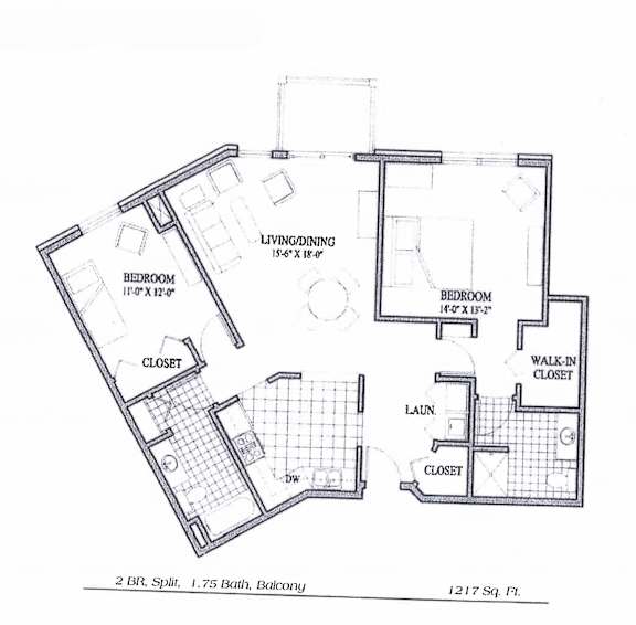 A floor plan of a 2 bedroom, 1 bathroom apartment in Balcony.