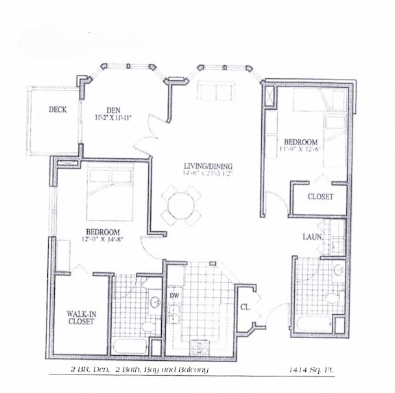 A black and white image of a floor plan for a two bedroom, one bathroom apartment.