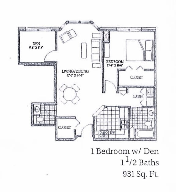 A drawing of a one bedroom apartment with a den and two bathrooms.