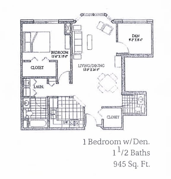 A floor plan of a one bedroom apartment with a den, living/dining area, and a kitchen.