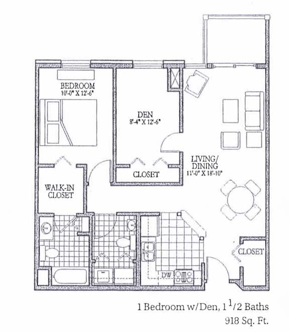 A floor plan of a one bedroom apartment with den, living/dining area, and walk-in closet.