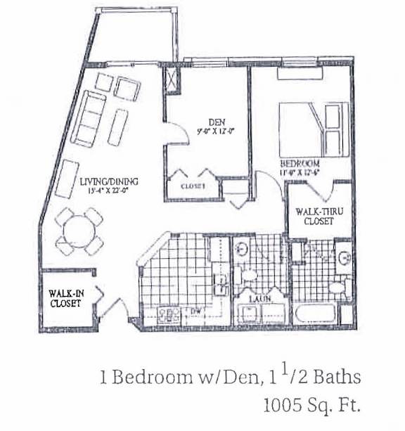 A floor plan of a one bedroom apartment with den and 1 1/2 baths.