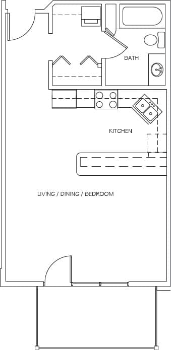 A floor plan of a house with a kitchen, living/dining/bedroom, and bathroom.