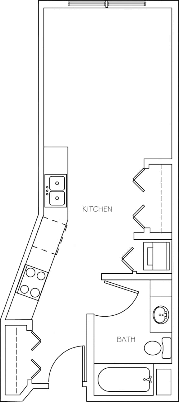 A floor plan of a kitchen with a bathroom adjacent to it.