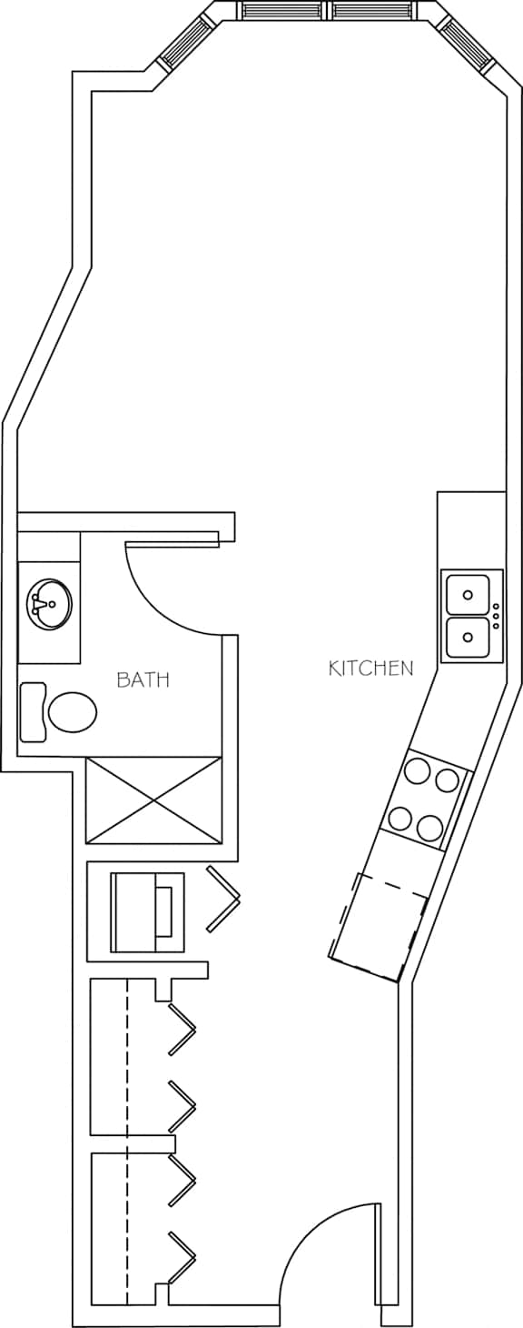 A floor plan of a small apartment with a kitchen and bathroom.