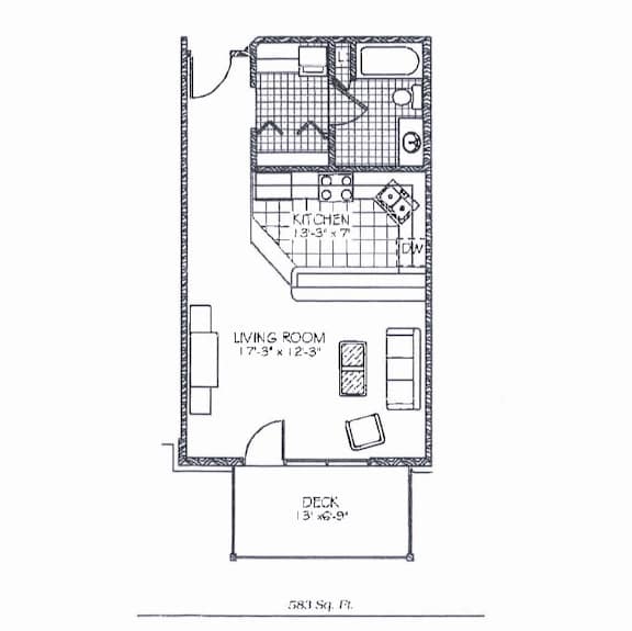 A floor plan of a small apartment with a kitchen, living room, and a deck.