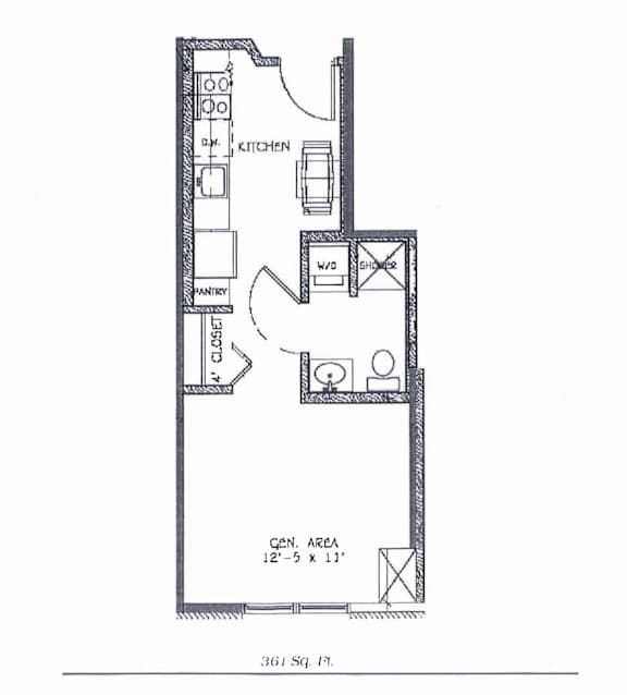 A floor plan of a 361 square foot apartment with a kitchen, pantry, and living room.