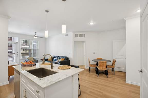 Kitchen with counter at Harrisburg Lofts, Houston, Texas
