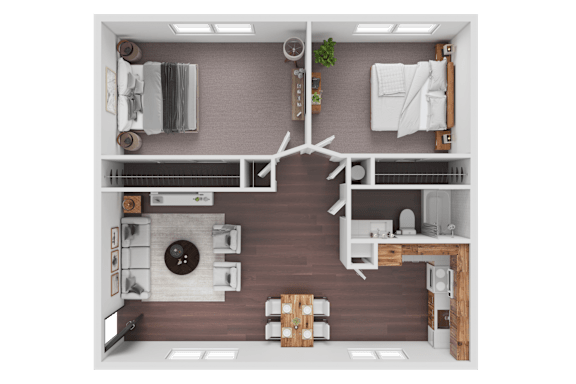 A top-down view of a modern kitchen and dining area.