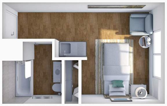 A modern bathroom with a wooden wall and a white toilet.